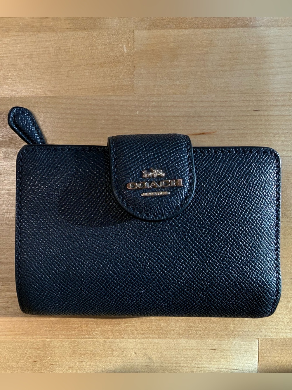 Coach Black Textured Leather Zip & Snap Wallet with Gold Logo